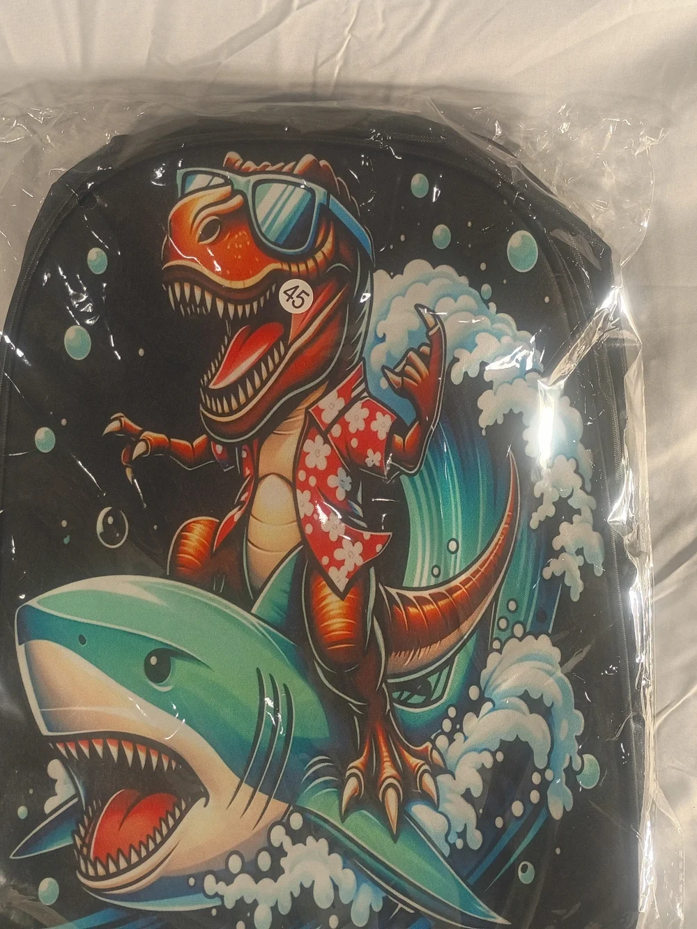 Tropical Dino Shark Graphic Backpack - Black with Teal & Red